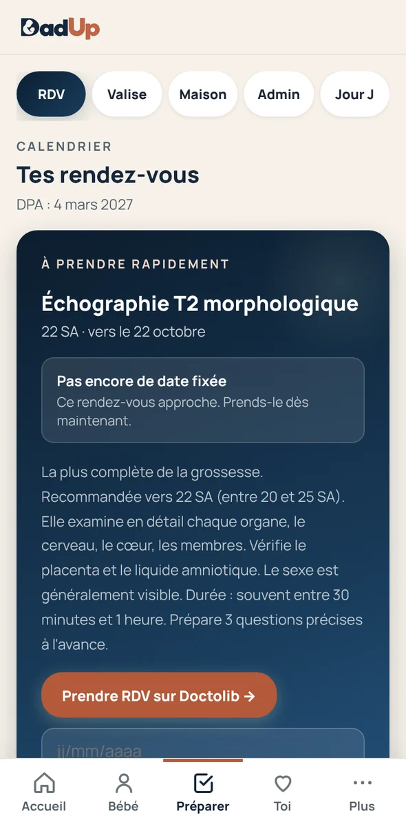 Écran Préparer de DadUp : les rendez-vous de grossesse et ce que tu peux y faire